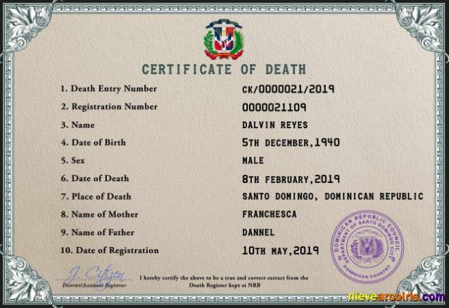 Dominican Republic vital record death certificate